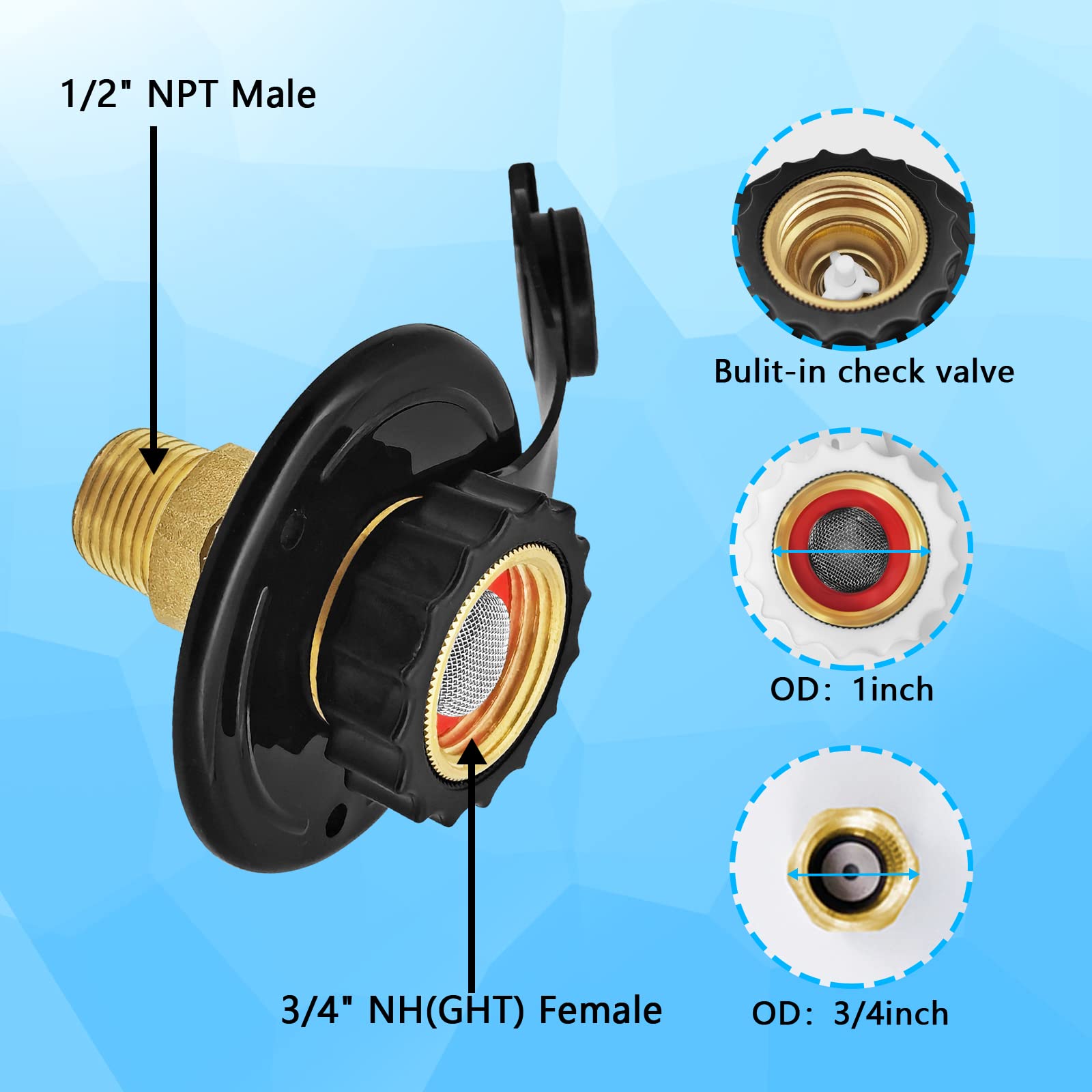 RV City Water Fill Inlet Flange Check Valve Water Hookup
