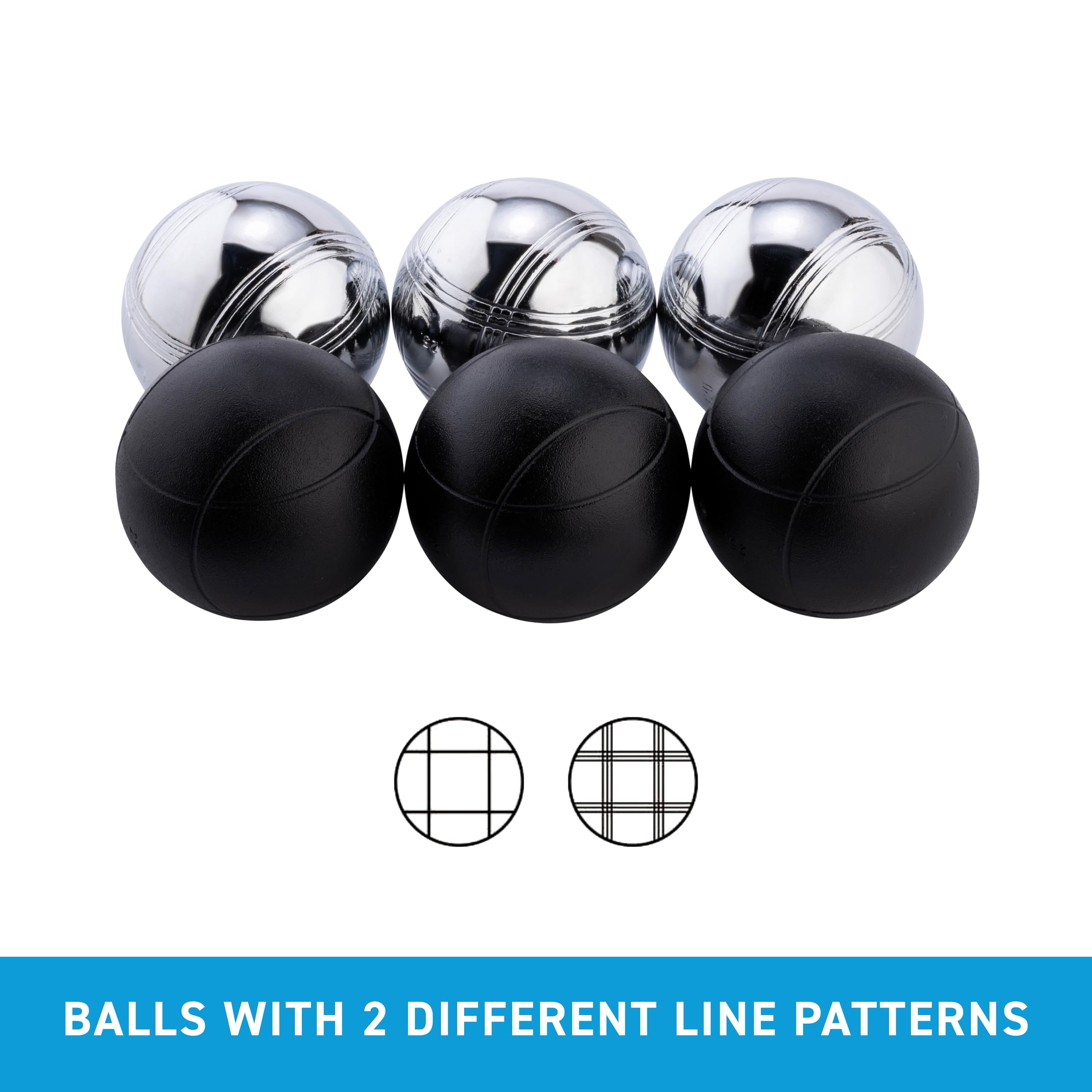 6-teiliges Metall Boule Set mit Tasche, 3 schwarzen & 3 silbernen Kugeln, Magnet, Distanzmesser & Holz-Cochonnet – Boccia / Botcha Spiel für Kinder & Familien - Petanque, Jeu de Boules – 010207