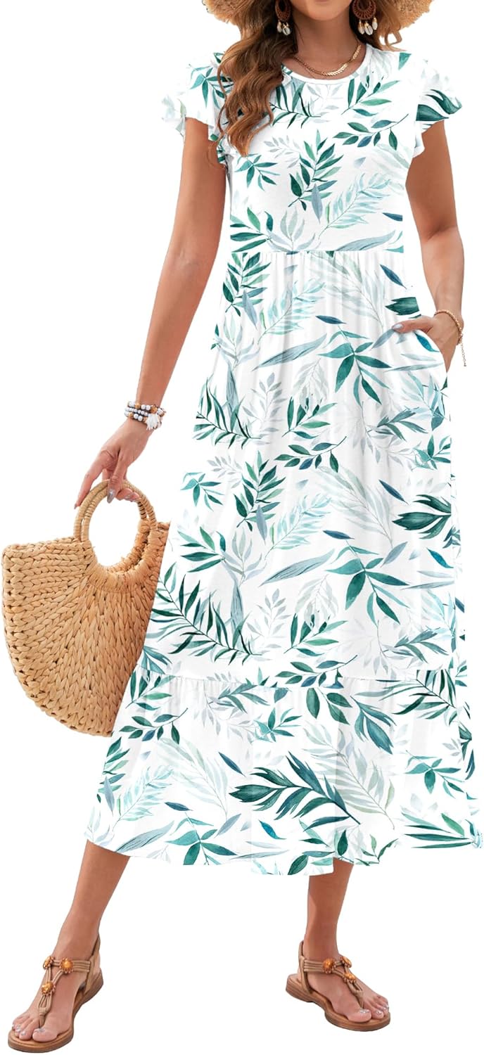 AUSELILY Womens Summer Maxi Dresses 2026 Casual Ruffle Sleeve Crewneck Loose Flowy Tiered Beach Sundress with Pockets