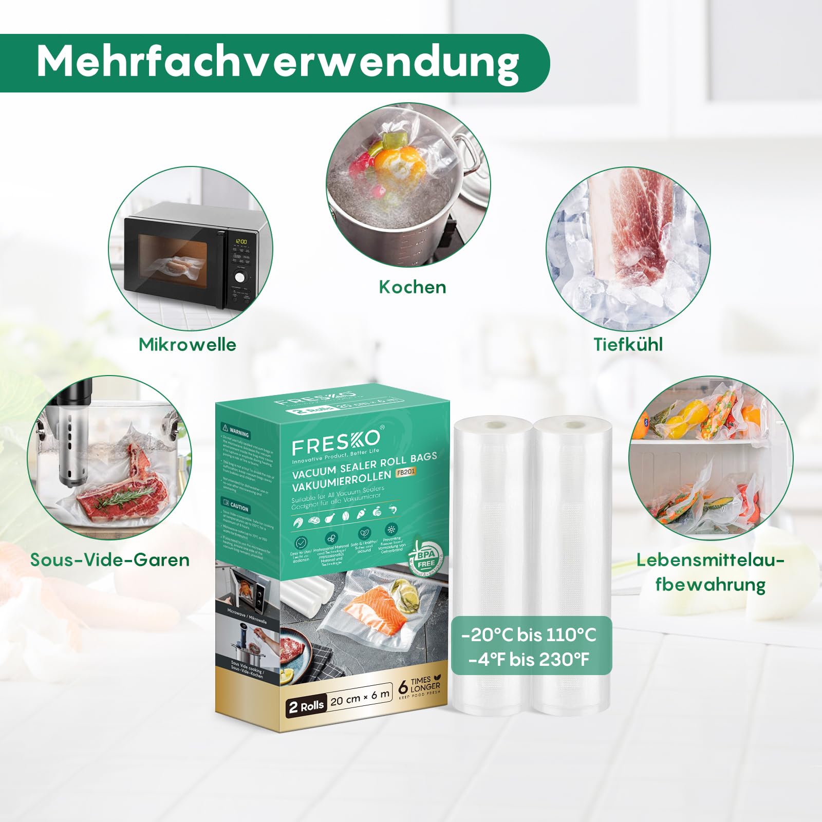 FRESKO Testsieger Vakuumier-Set Automatisches Vakuumiergerät (18L/min, Note 1,2) mit 2 Zusatz-Rollen 20cm x 6m & Aufbewahrungsbox Ideal für kleine Portionen, inkl. 2 Rollen (20+28cm)