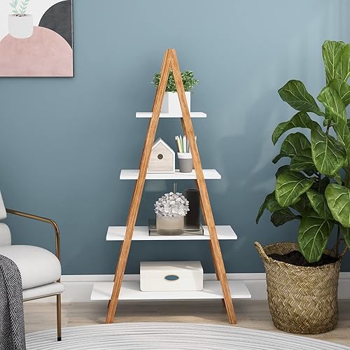 Miniatura 3 de Estantería de escalera blanca de 4 niveles, estantería de escalera de madera con marco en A, estantería moderna inclinada para sala de estar,