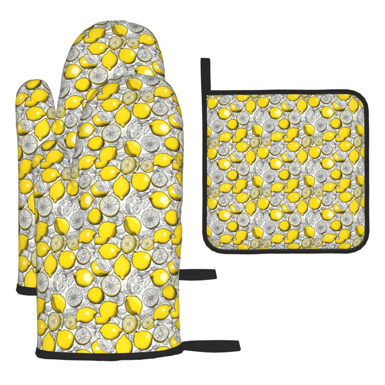 Lemon Fruit Pattern Print Oven Mitts Kitchen Gloves Set Everyday Baking Grilling Microwaving Cooking Gift