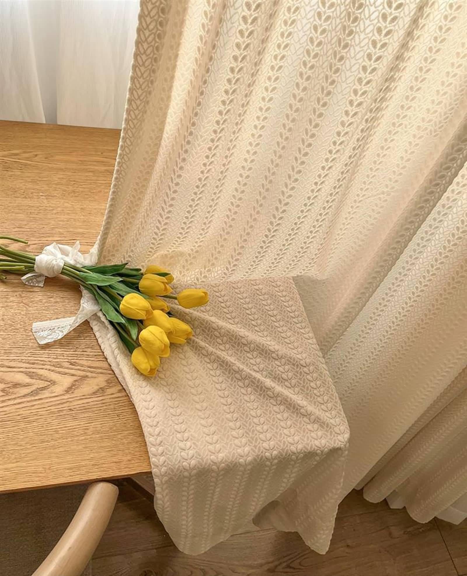Vorhänge Boho, Transparente Gardinenschals Beige Blätter mit Strukturierter Oberfläche Polyester 2er Set 132W x 160L cm