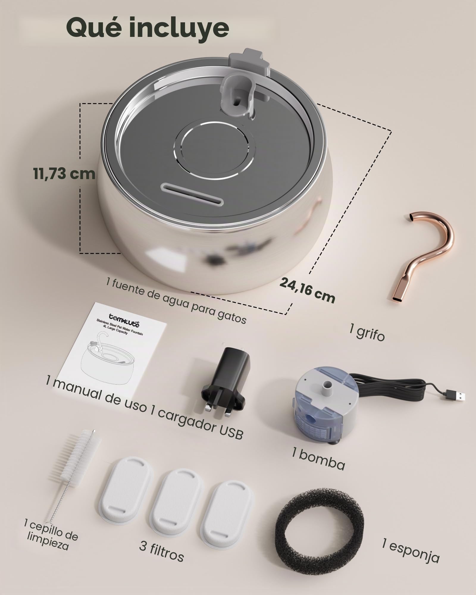 TOMXCUTE Fuente para Gatos Acero Inoxidable (Acero Inoxidable+Latón + plásticos)