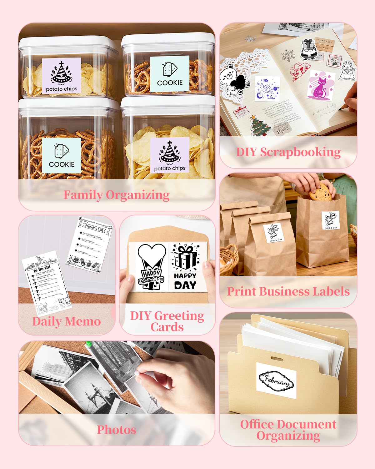 Adesiva Mini Stampante Termica con 6 Rotoli di Carta - T02 Stampante, Rosa | Portatile Bluetooth Sticker Printer per Studio, Note, Immagini, Foto, Diari, fai da te, Compatibile con Telefono e Tablet