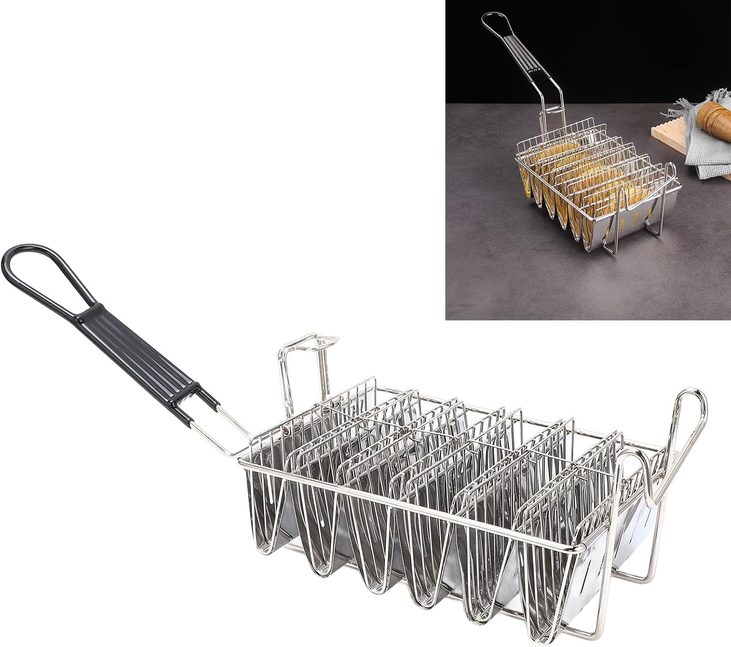 6 Shells Fryer Taco Holder Basket, V Shaped Stainless Steel Tortilla Fryer Basket with Detachable Handle, Dishwasher Taco Maker Basket for Home Restaurants