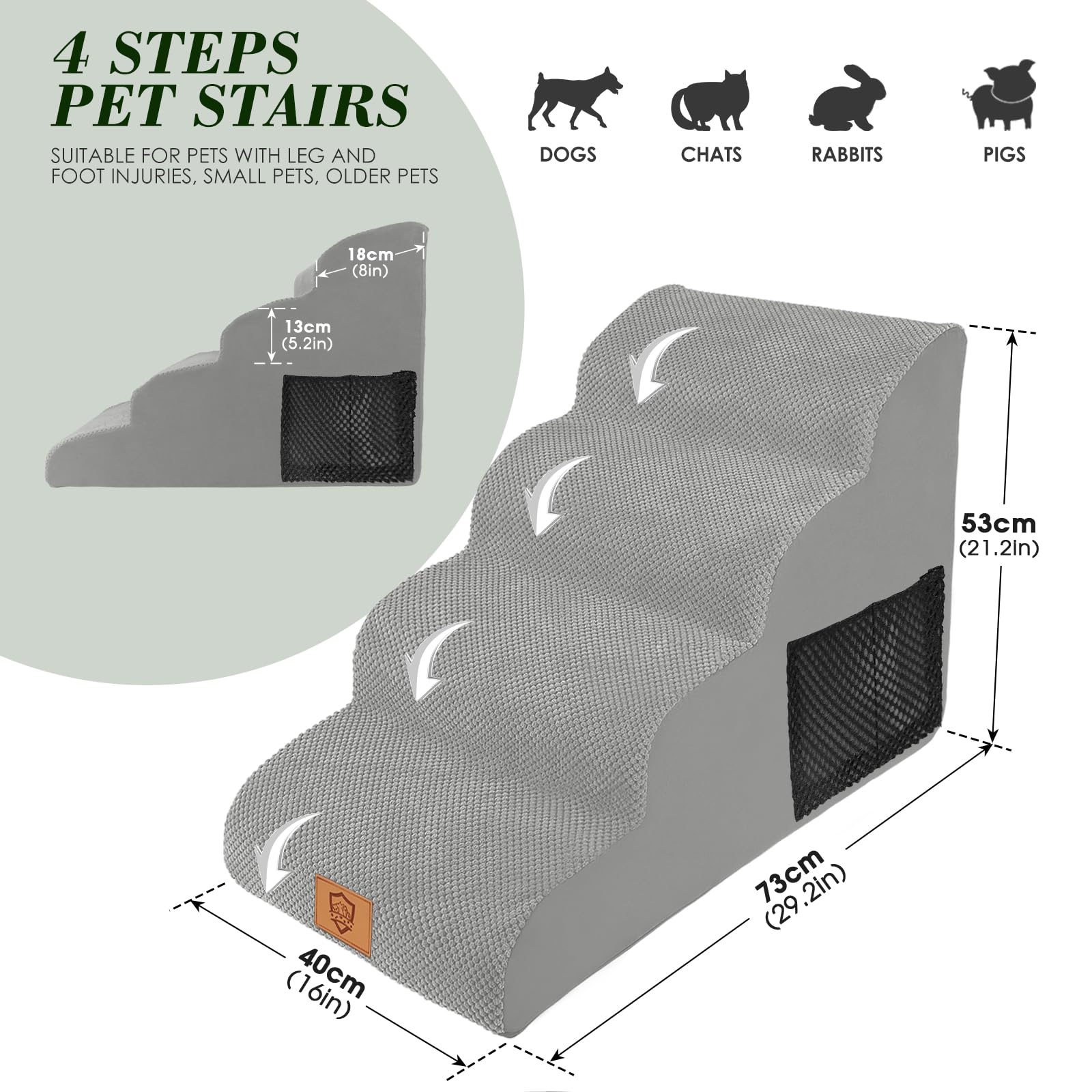 Thihome Scale per Cani, 4 Ripiani in Schiuma ad Alta Densità, Antiscivolo per Cani Feriti, Animali Domestici più Anziani, Gatti di Piccola Taglia, Grigio, 73.7x40.6x50.8 cm