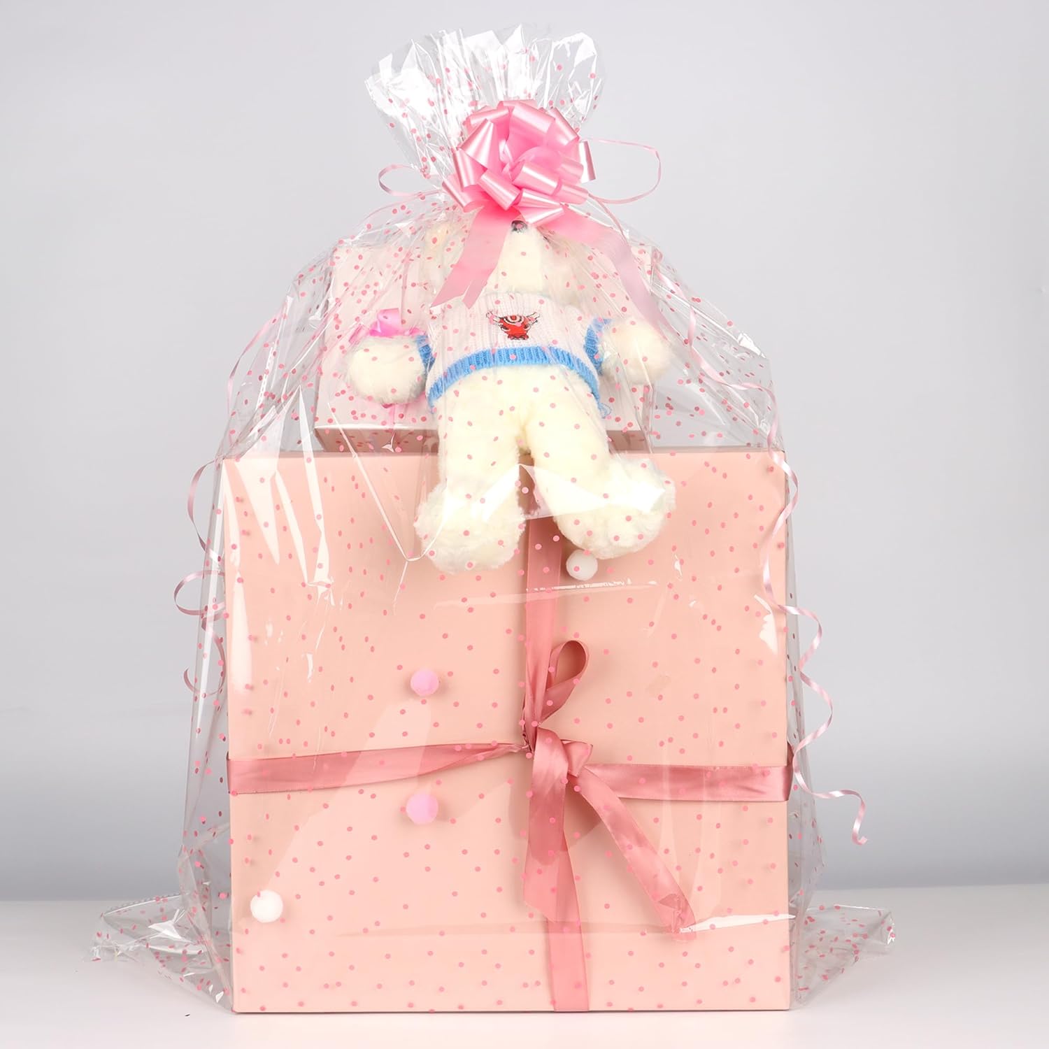 CMFYHM 10 Pack Large Cello/Cellophane Bags with Pink Polka Dot (30in x 40in) Clear Basket Bags,Clear Cellophane Wrap Bags for Gift Baskets, Gift Bags with 10 Colour Bows - Image 6