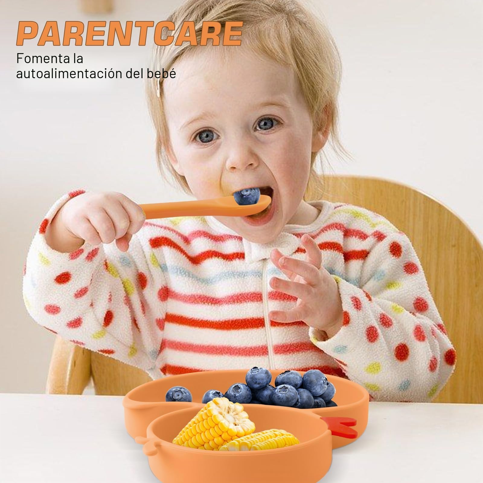 Placa de succión para bebé con cuchara y tenedor incluido, Plato Ventosa Bebe de Silicona para Niños Pequeños, Platos de Bebé Antideslizante (Naranja)