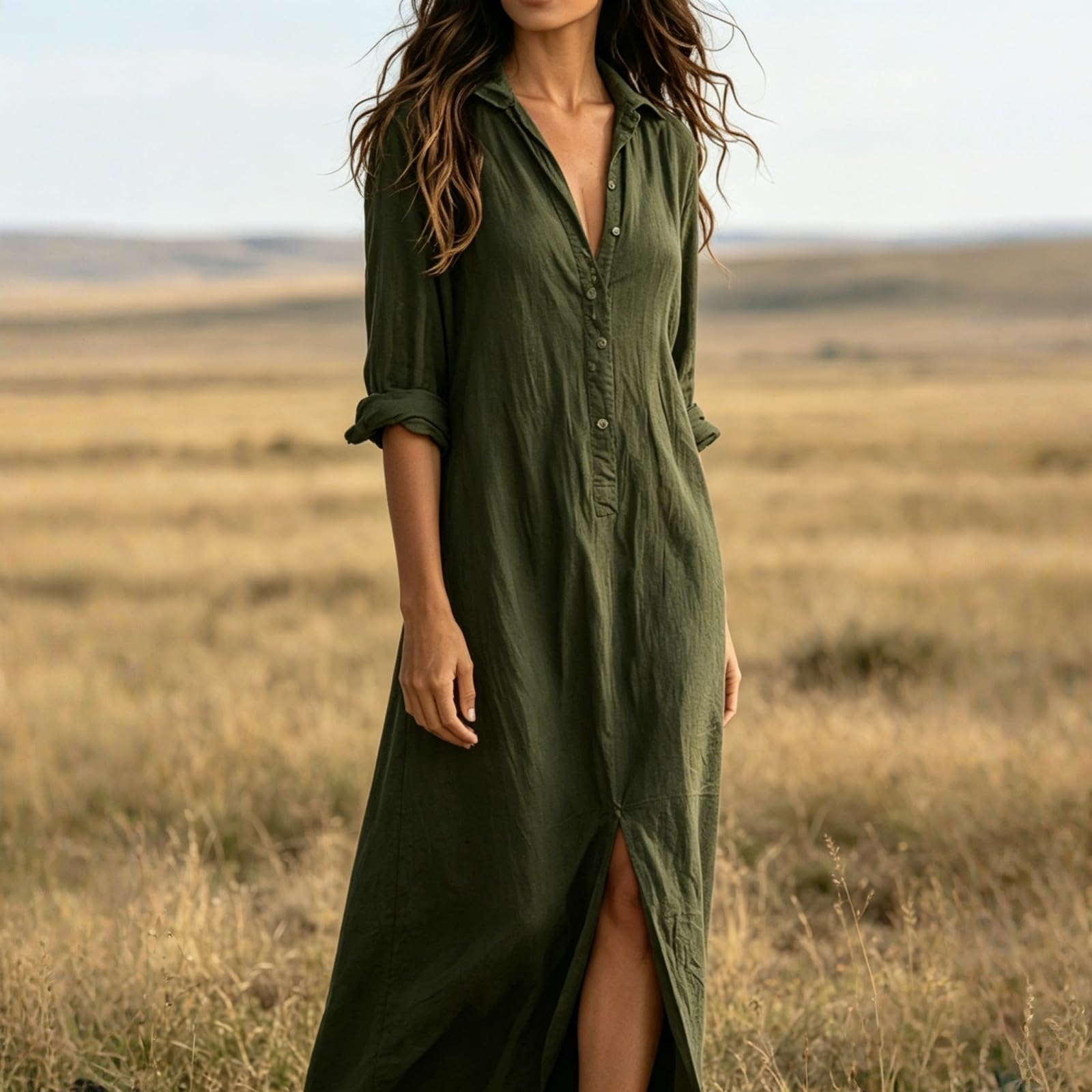 Generico Maxi Abito Casual da Donna a Maniche Lunghe, Stile Bohémien, con Colletto e abbottonatura Frontale – Ideale per Le Vacanze al Mare