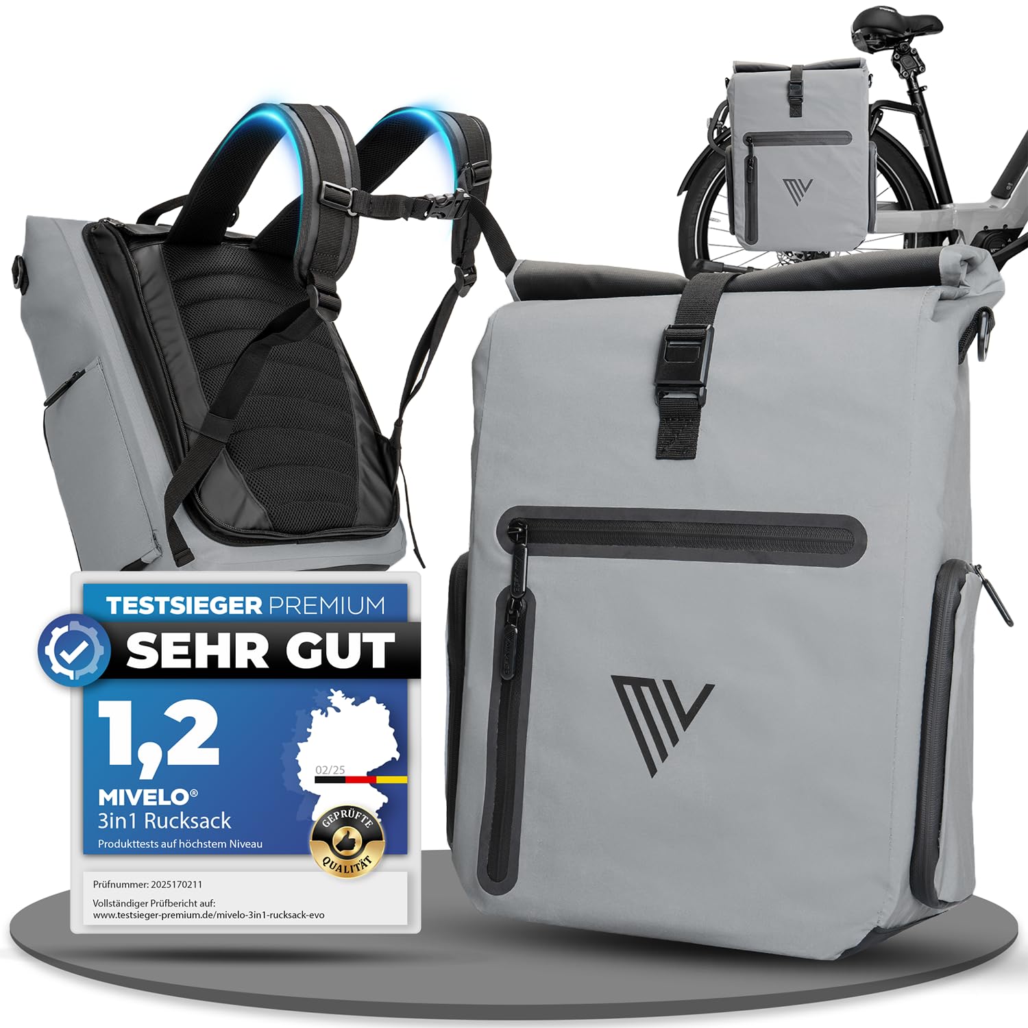 MIVELO 3in1 Fahrradtasche für Gepäckträger I Rucksack & Gepäckträgertasche hinten - in 15 Sekunden umgebaut I Fahrradrucksack 100% wasserdicht I Tasche Fahrrad (Vollreflektierend, EVO 25L)