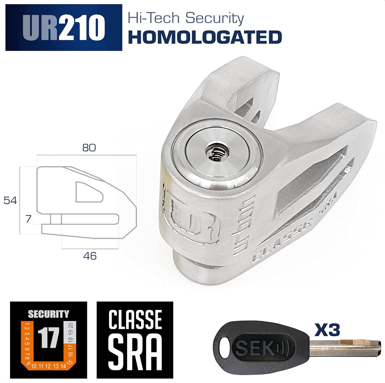 Blасk Frіdау Clеаrаnсе urban UR210S Anti-Theft Motorcycle Disc Padlock, Class SRA Certified, Double Lock Ø10, Polished Stainless Steel, Grey