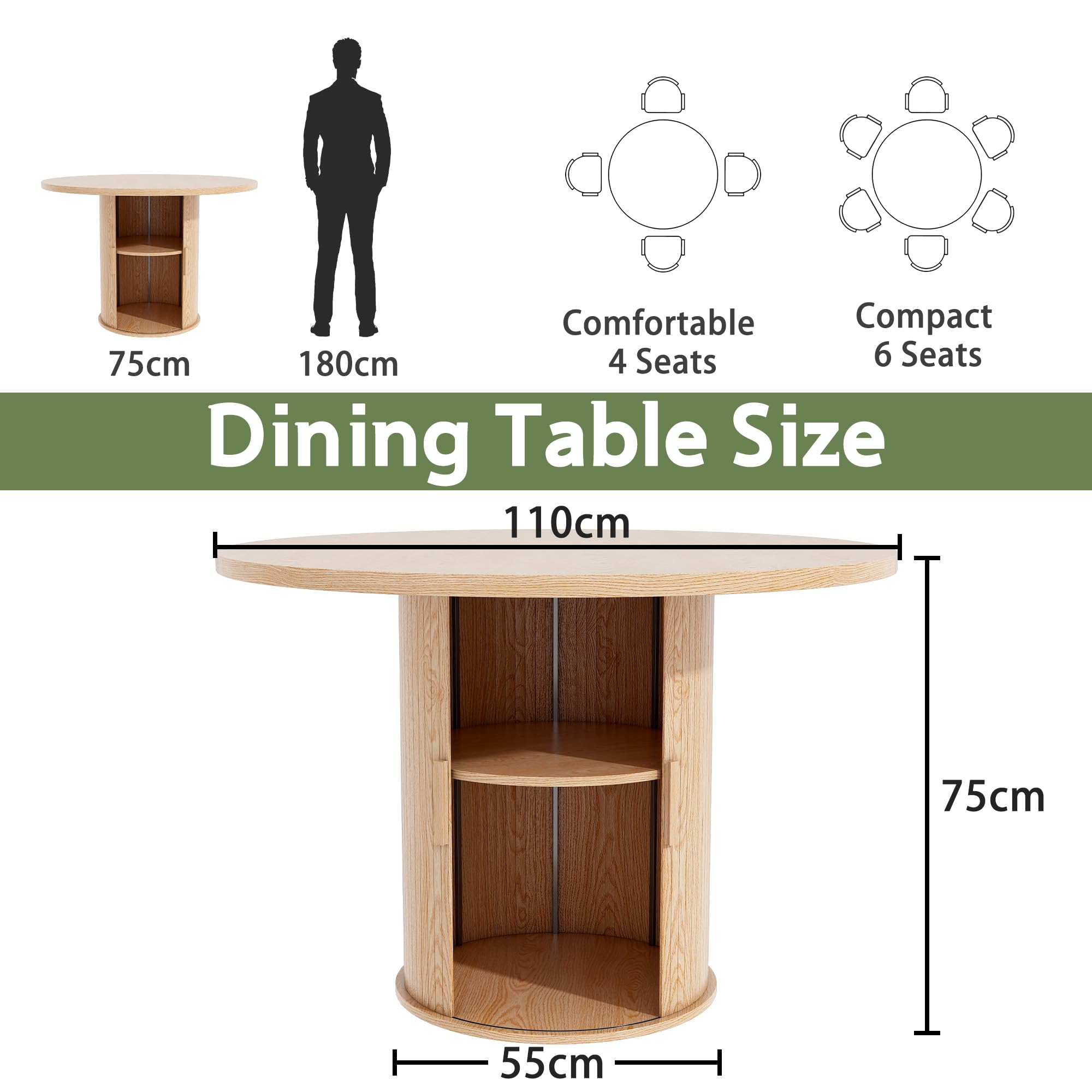 Esstisch Rund 110 cm mit 2-lagigem Stauraum, Küchentisch mit stabilem Metallgestell, Runde Moderne Esstische für 2–4 Personen für Esszimmer, Küche, Homeoffice (Helle Eichenfarbe)