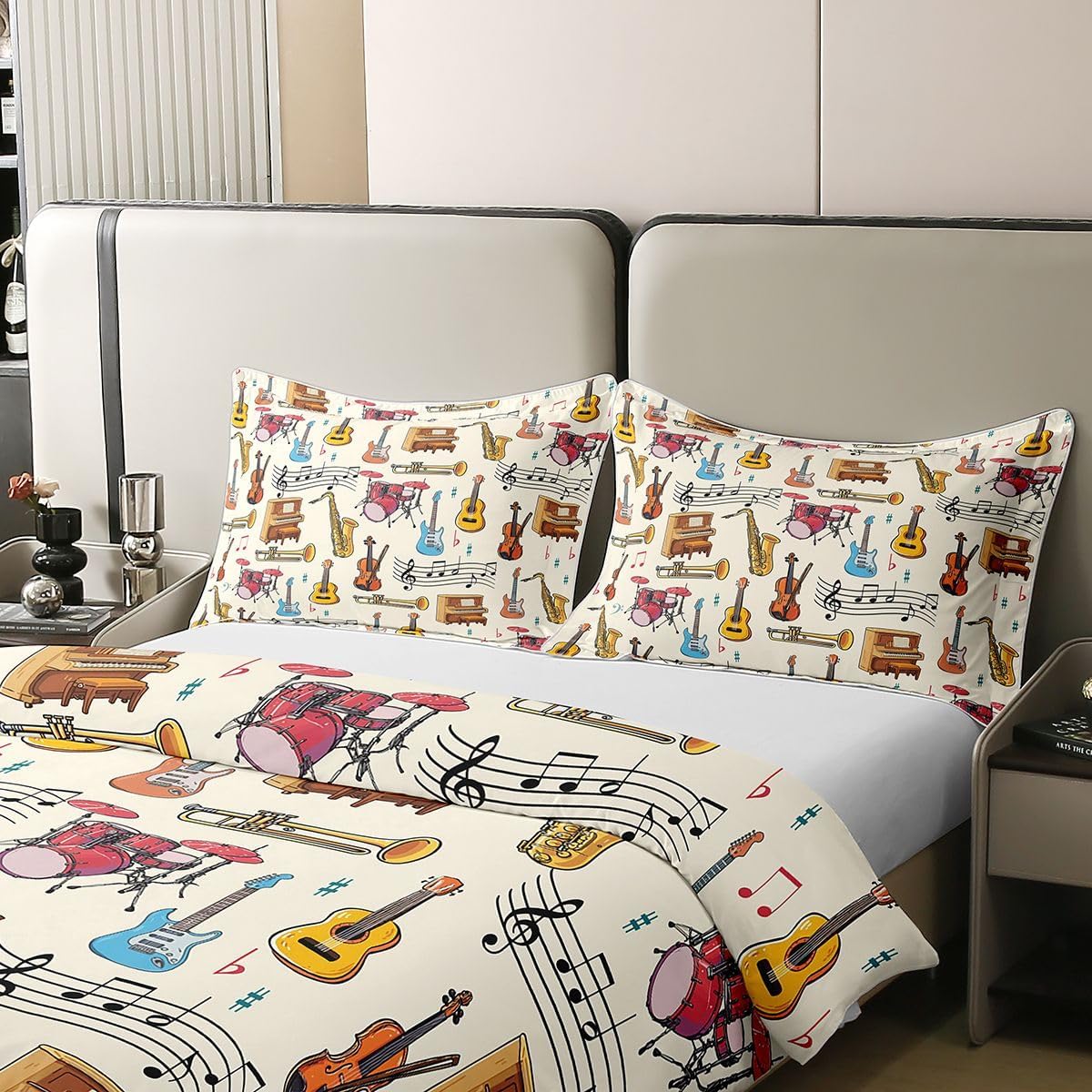 Manfei Music 100% Cotton Duvet Cover Set Full Size,Guitar Violin Saxophone Piano Drums Bedding Set 3pcs,Black Musical Nots Quilt Cover,Kids Boys Girls Room Decor,2 Pillowcases,No Comforter image 4