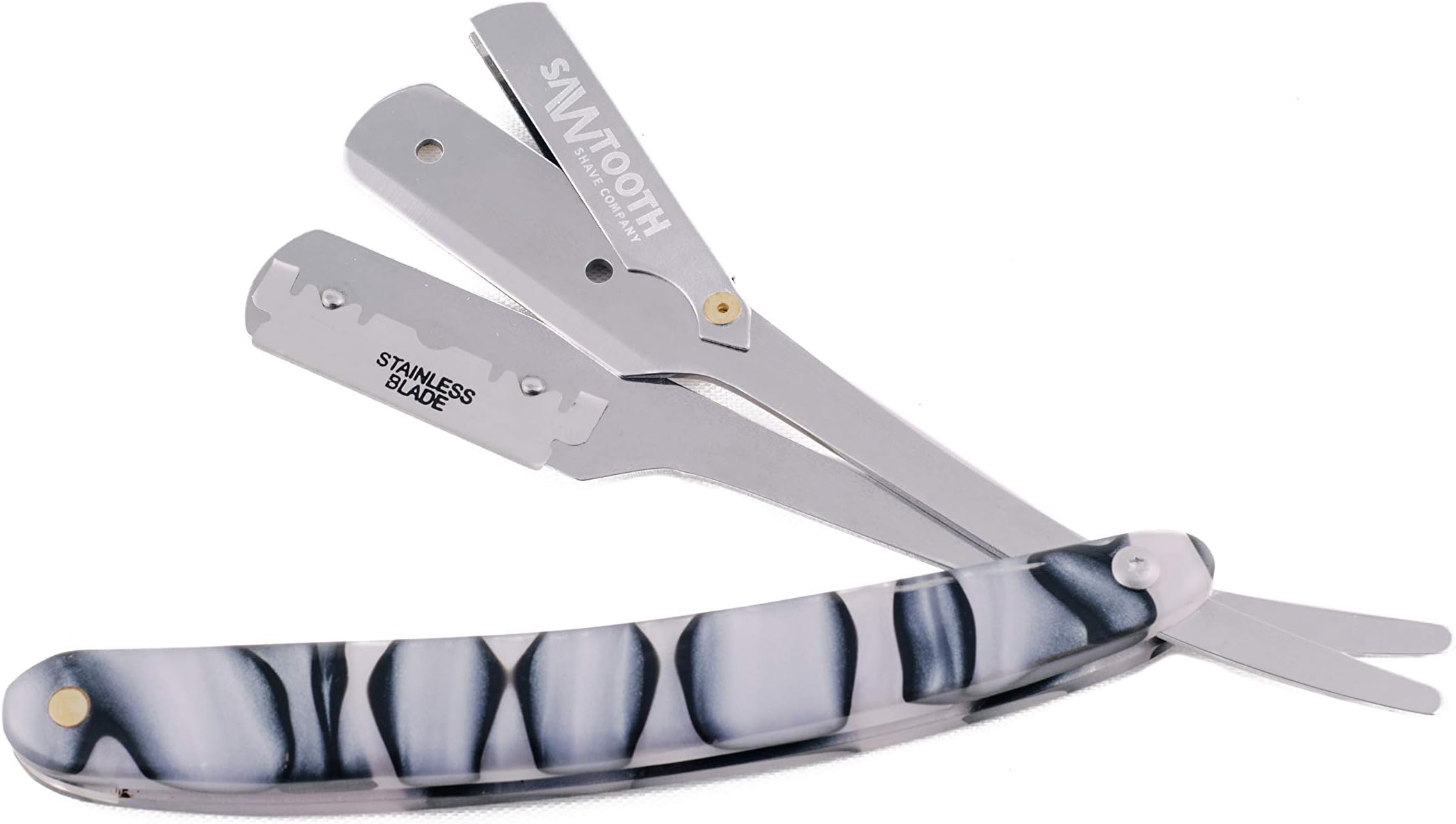 Straight Razor with Unique Acrylic Handle by Sawtooth Shave Co, Includes Carrying Case, 10x Replaceable Blades, Silver Blade