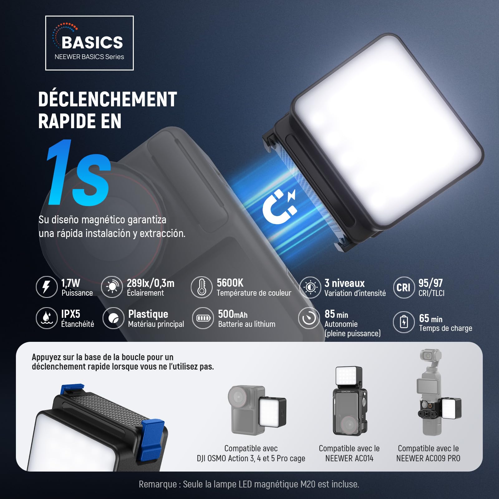 NEEWER Basics M20 Lampe LED Magnétique pour Caméra Compatible avec DJI OSMO Nano Action 3 4 5 Pro Cage NEEWER AC009 Pro Pocket 3 Accessoires, Mini éclairage de Remplissage en Plastique 5600K CRI95+