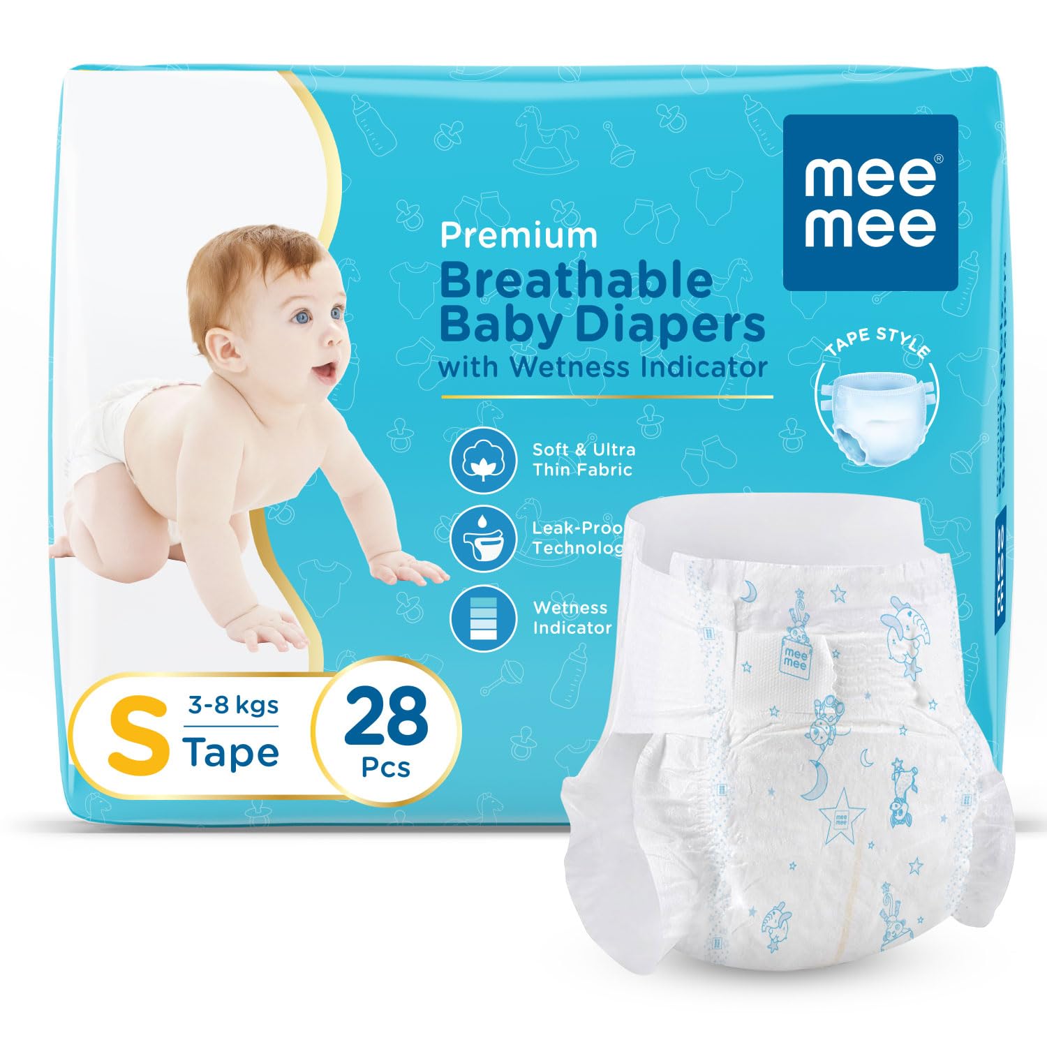 Mee Mee Premium Breathable Baby Diapers | Small Size Baby Taped Diapers | 28 PIECES | Skin Friendly, Super Absorbent, Cotton Soft with Wetness Indicator (Small, 28 PIECES)