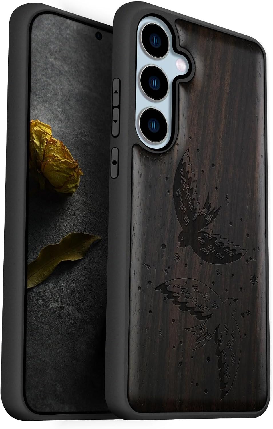 Carveit Wood Case for Galaxy S24 FE Case [Natural Wood & Black Soft TPU] Shockproof Protective Cover Unique Wooden Design Compatible with S24 FE (Minimalist Flight-Blackwood)