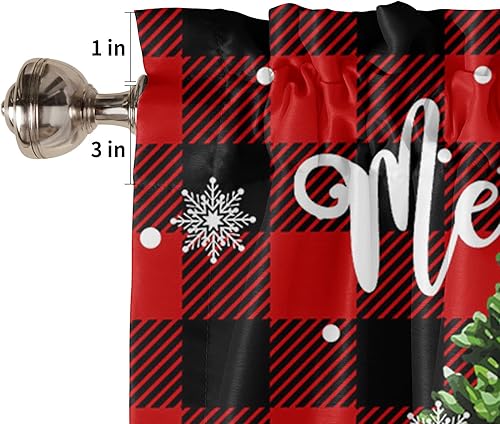Miniatura 6 de Cenefa de Navidad para ventanas, muñeco de nieve con adorno de árbol de Navidad, cenefas con bolsillo para barra, 1 panel, cuadros rojos a cuadros,