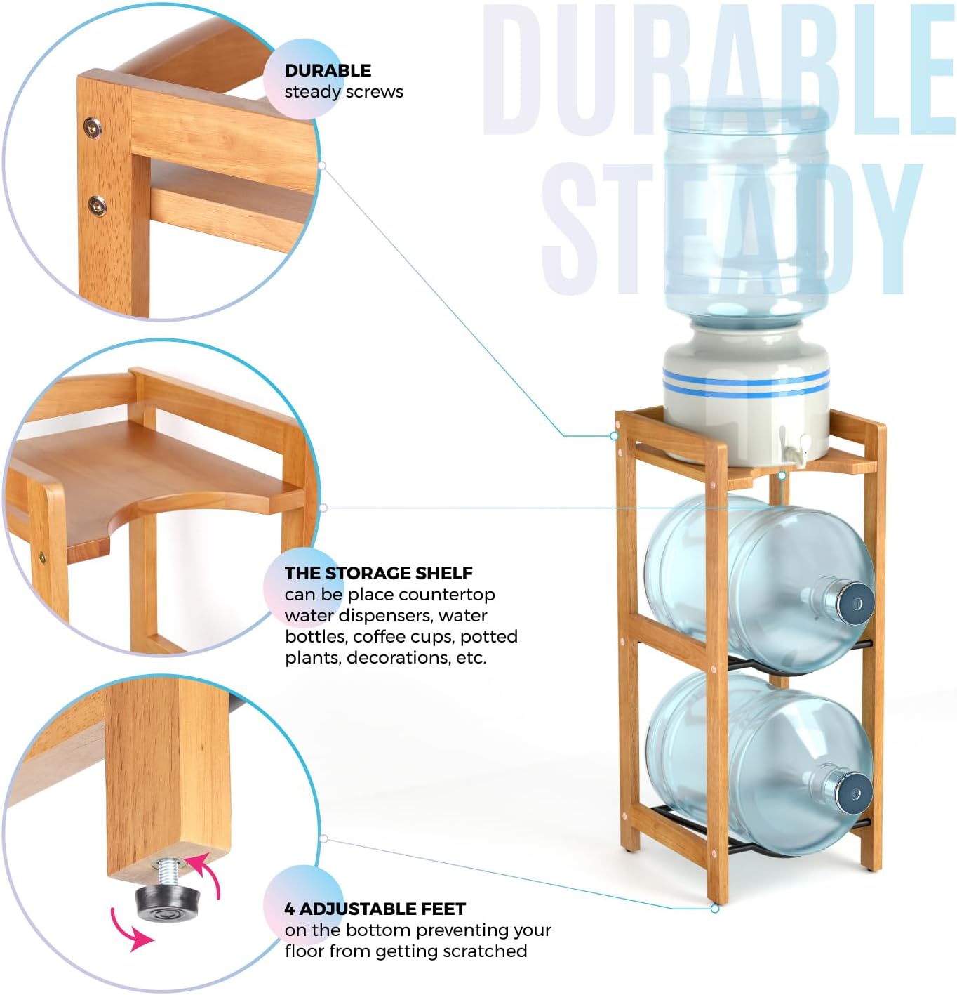 5 Gallon Water Jug Holder with Top Shelves, Natural Solid Wood Water Dispenser Stand 31"H, 3-Tiers 5 Gallon Water Jug Stand, Water Cooler Jug Rack, 5 Gallon Water Bottle Holder with 2 Slot & Top Shelf