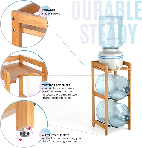 Miniatura 3 de Soporte para jarra de agua de 5 galones con estantes superiores, soporte dispensador de agua de madera maciza natural de 31 pulgadas de alto,