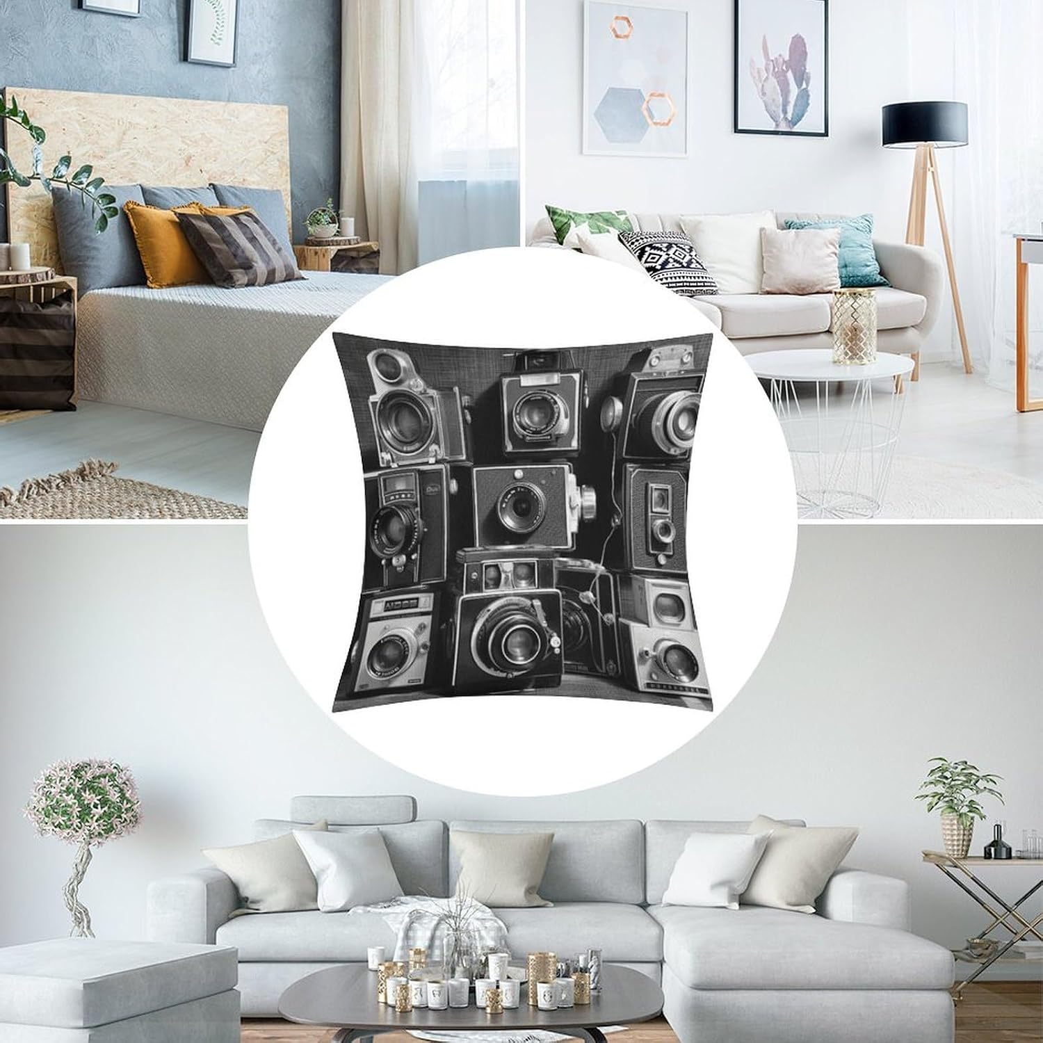 Retro Cool Camera Collection Faux Linen Throw Pillow Covers 18x18 Inch Polyester Square Decorative Cushion Slipcovers with Hidden Zipper Sofa Couch Pillow Cases for Living Room Home Decor image 3