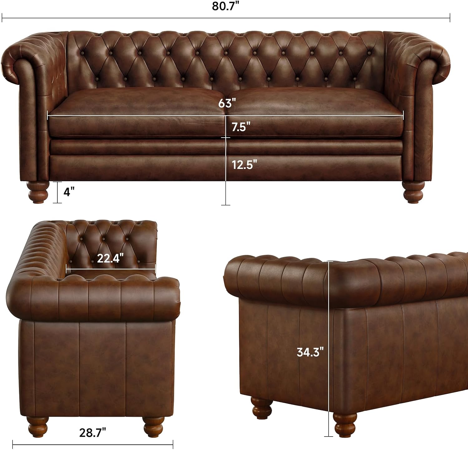ONBRILL 80.7" Genuine Leather Sofa, Full-Grain Leather Chesterfield Sofa with Deep Seat & Tufted Back, Feather Down Filling, Classic Vintage Couch for Living Room, Office, Brown