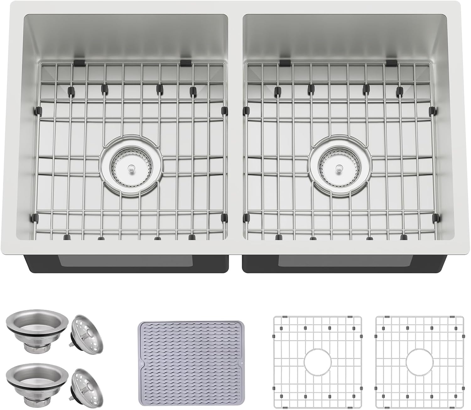31x18 Inch Double Bowl Kitchen Sink - 50/50 Equal Bowl Undermount Stainless Steel Large Drop In Kitchen Sink Come With Sink Grid,Silicon Mat,Sink Clips,Drain Assembly For Modern/Stylish Kitchen&Bar