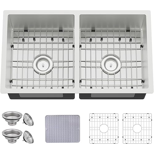 31x18 Inch Double Bowl Kitchen Sink - 50/50 Equal Bowl Undermount Stainless Steel Large Drop In Kitchen Sink Come With Sink Grid,Silicon Mat,Sink Clips,Drain Assembly For Modern/Stylish Kitchen&Bar