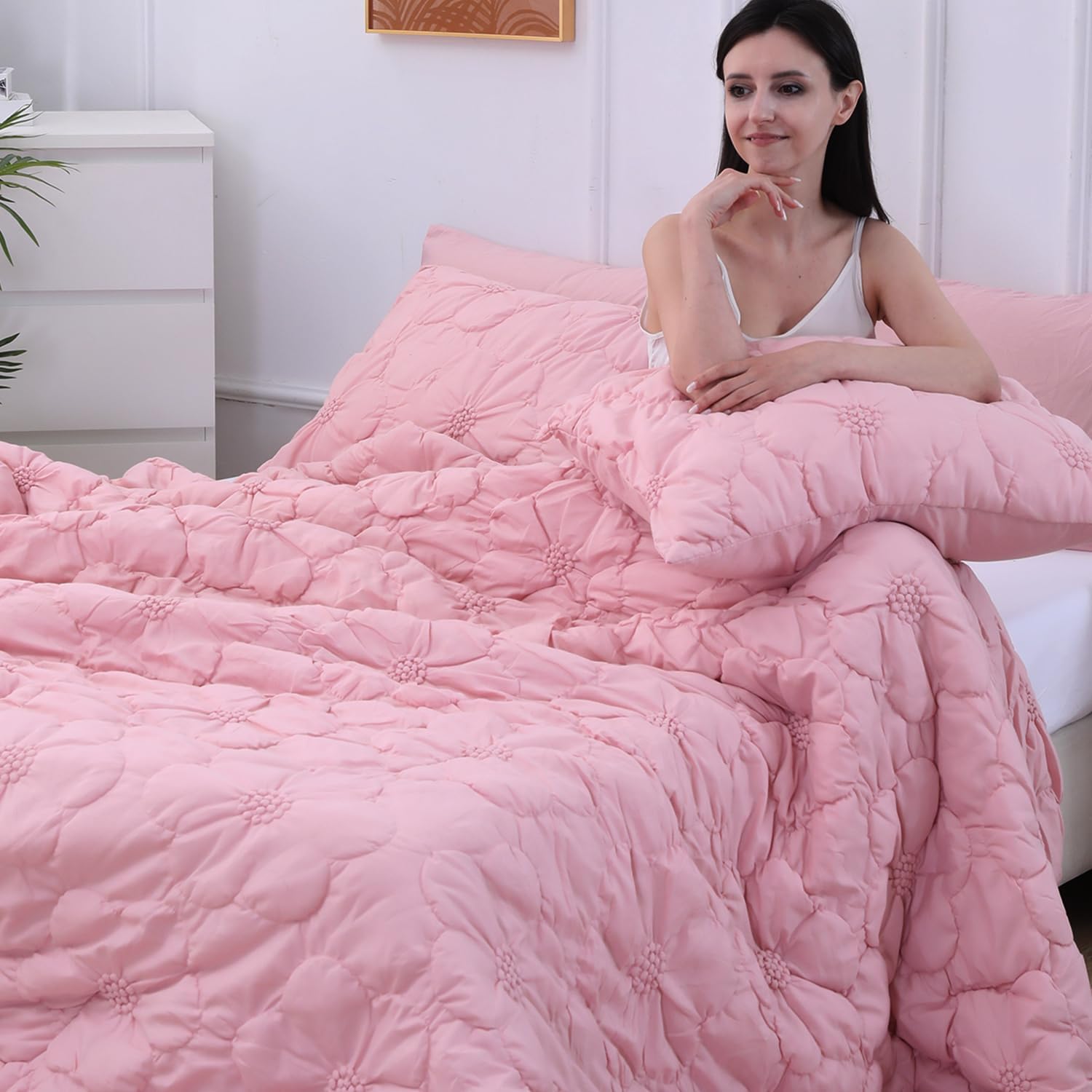 Pink King Comforter Set,7 Pieces Pintuck Comforters,Floral Ruched Bedding Set,Exquisite Bedding Comforter Set for All Season with Comforter,Flat Sheet,Fitted Sheet and Pillowcases & Shams(104"x90")