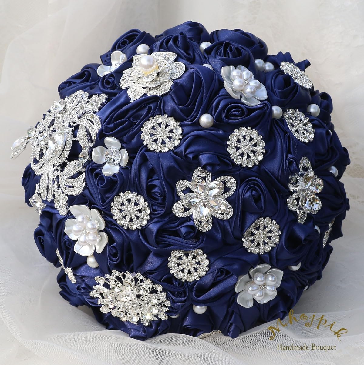 Bridal Wedding Bouquet Round Bling Brooch Bouquet Artificial Rose Flower Bunch for Bride Bridesmaid Wedding Quinceanera(Navy Blue, 7.5")