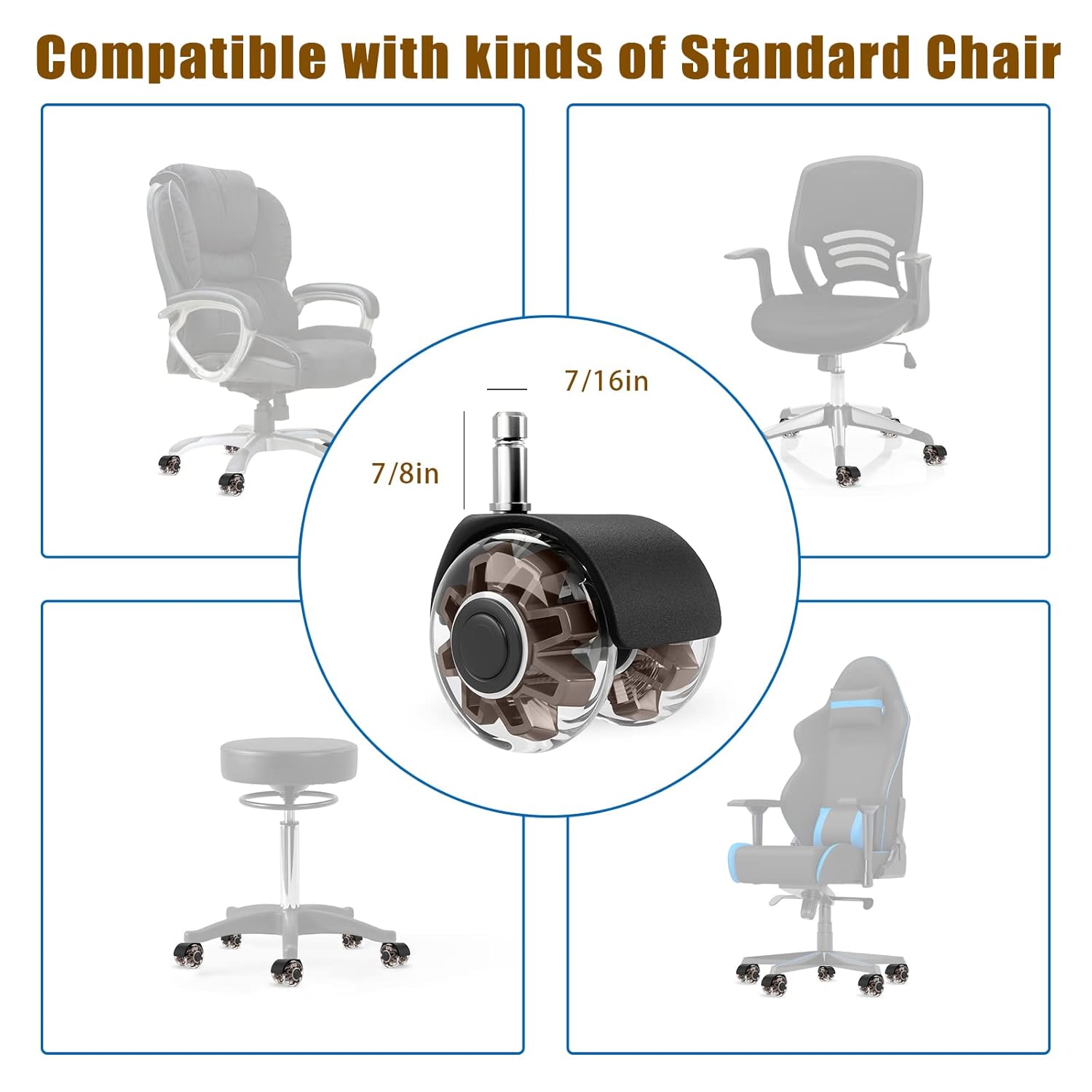 Office Chair Caster Wheels (Set of 5),Heavy-Duty Chair Wheels Support 2200lbs,Mute Rubber Chair Casters for Hardwood Floors and Carpet,2 Inch Universal Fit (Brown)