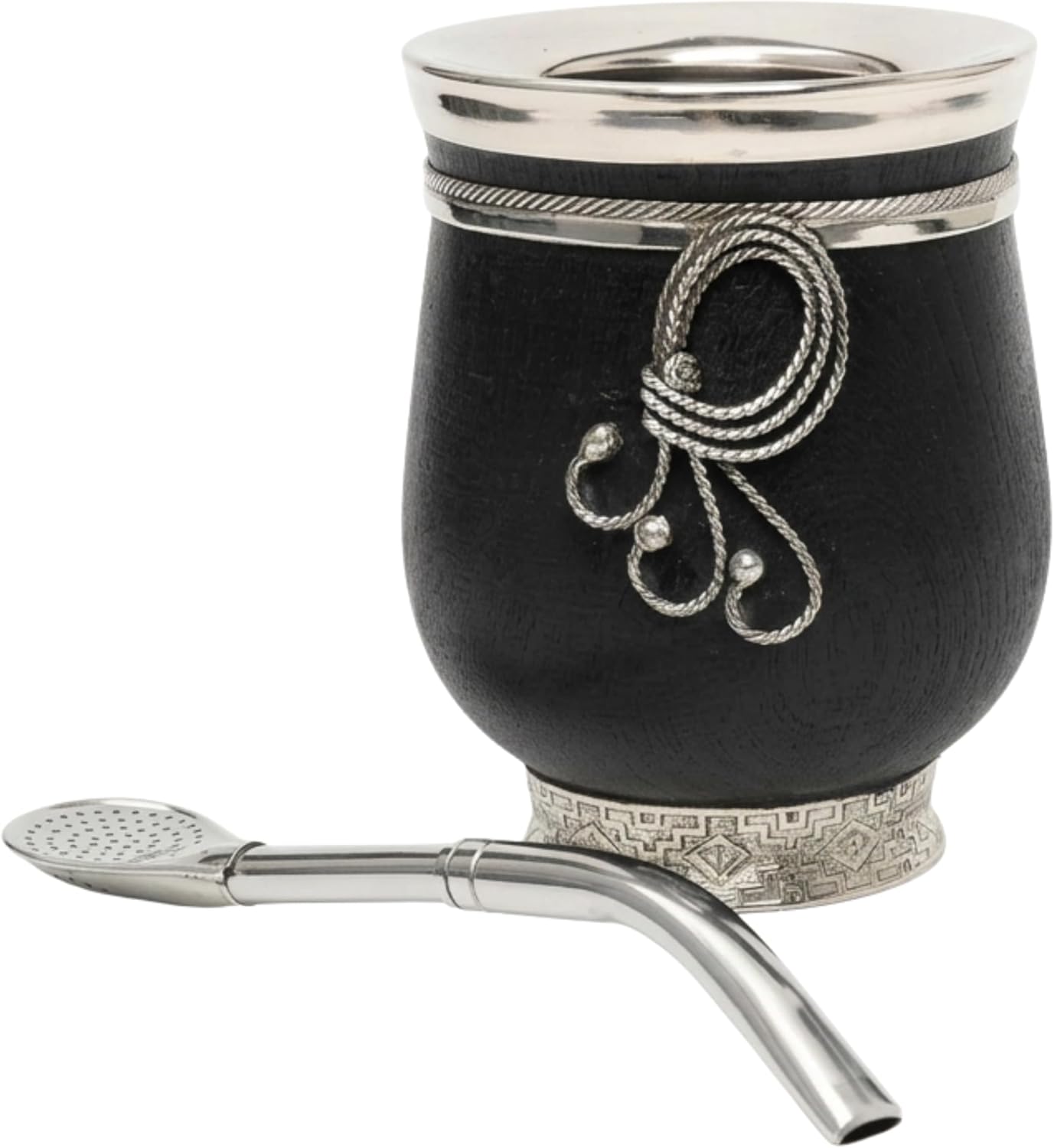 BALIBETOV Wooden Mate Gourd with Bombilla | Large Handmade Argentine Mate Cup | Hand-Carved Alpaca Silver Details | Cured Black Wood
