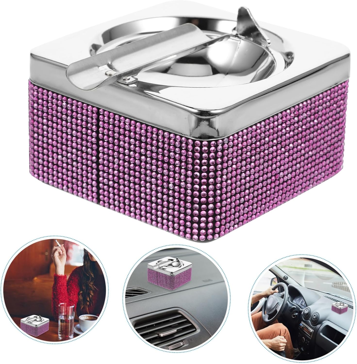 Portable Rhinestone Ashtray for Cars Stylish Outdoor Ashtray Capacity Anti-slip Base Smokeless Design for Travel Patio Use Decorative Accessory for Vehicles