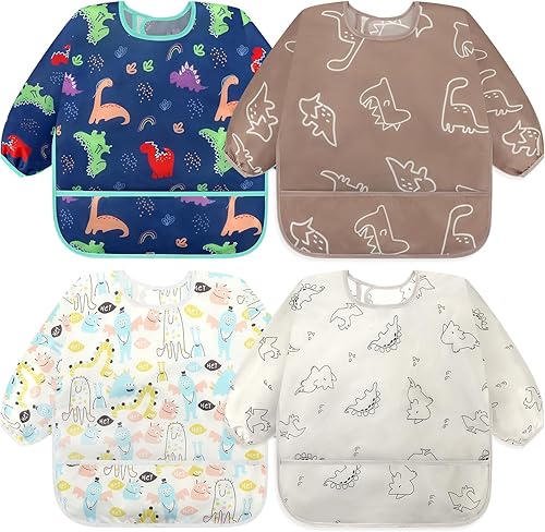 Miniatura 22 de Accmor Paquete de 4 baberos de manga larga, baberos impermeables para bebé de 6 a 36 meses Alce Amarillo/Cactus Verde/Cerdo Naranja/Flamenco