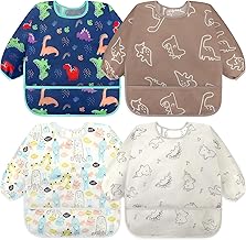 Accmor 4 Pack Long Sleeve Bibs, Baby Smock Waterproof Sleeved Bib Smock for Baby Toddler 6-36 Months