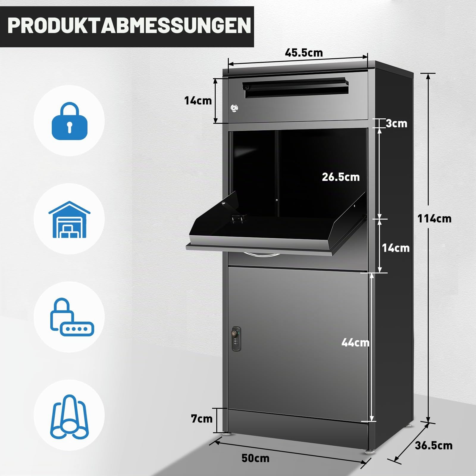 Briefkasten Paketbox für Außen, Großer Paketkasten mit Zahlenschloss, Stahl Edelstahl Briefkasten, Paketbriefkasten mit Wasserdichter & Diebstahlsicherer Funktion(50 * 36.5 * 114cm)