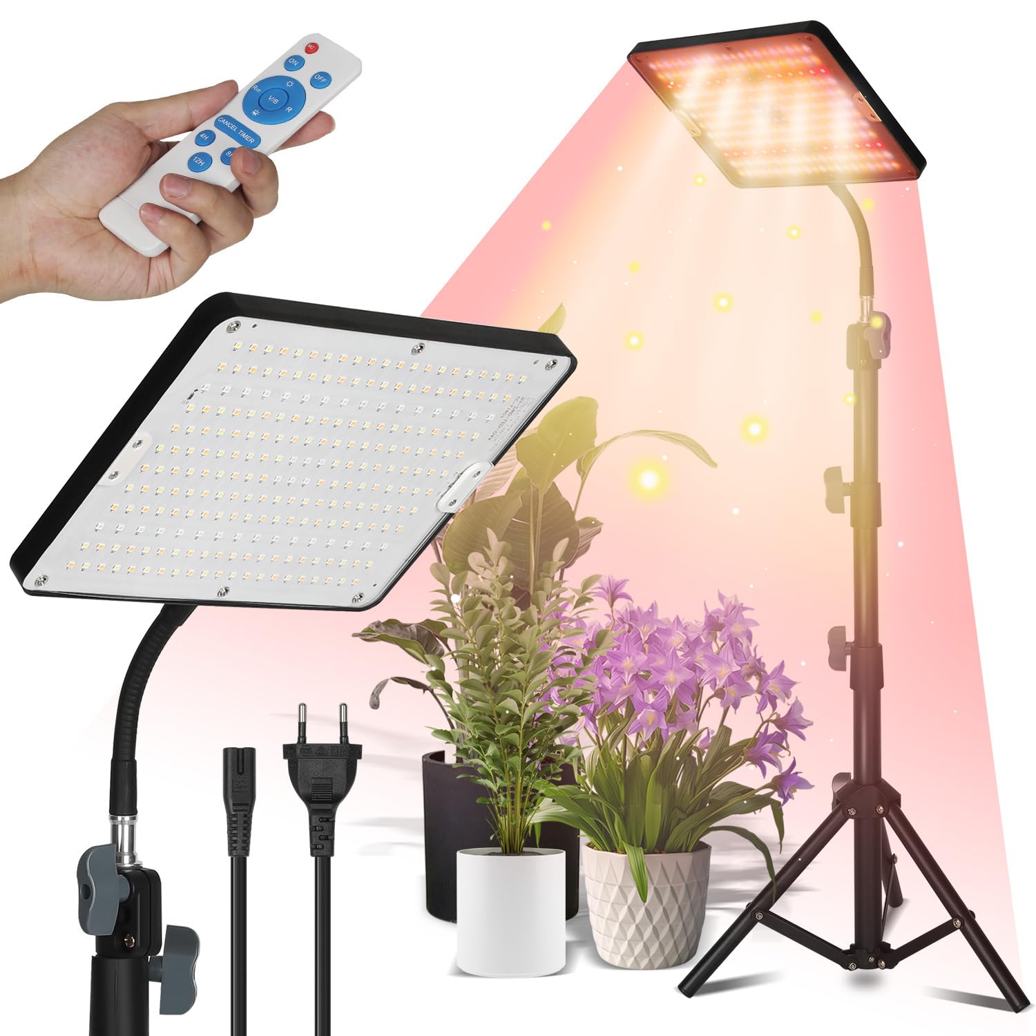 Lampa do roślin LED pełne spektrum ze stojakiem, 25 W, regulacja wysokości, 3 tryby pracy, timer, pilot zdalnego sterowania do roślin pokojowych, 2 sztuki
