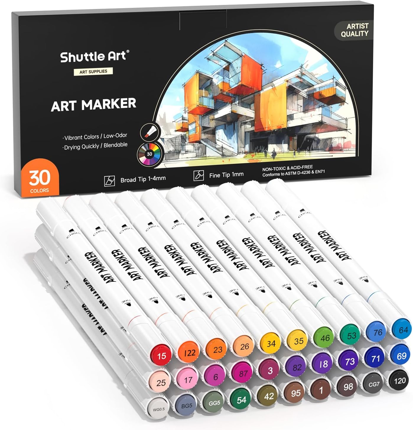 30 Colors Dual Tip Art Markers Permanent Marker Pens Highlighters Perfect for Illustration Adult Coloring Sketching and Card Making