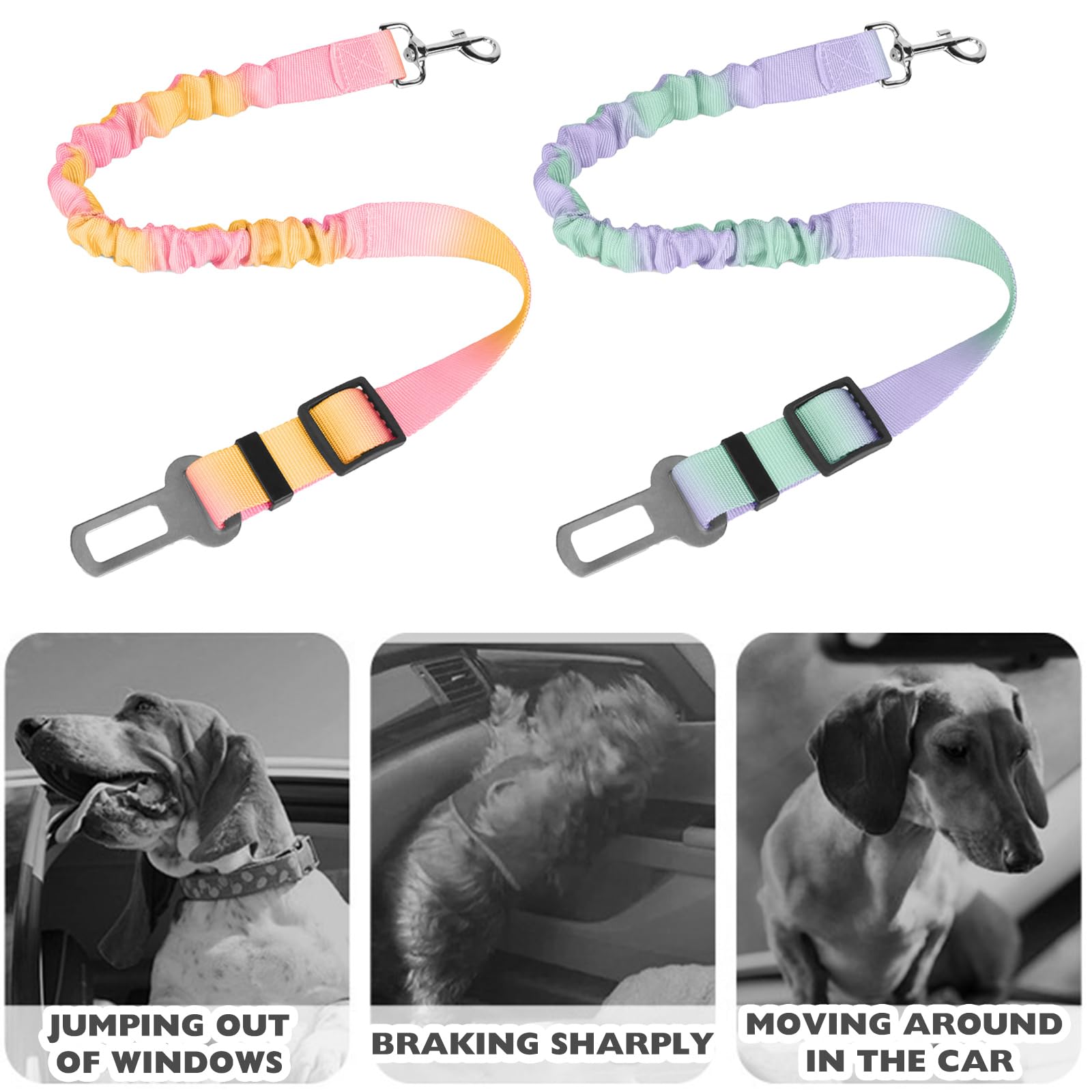 2 Pièces Ceinture Chien Voiture, Réglable Ceinture Securite Chien Voiture, Élastique Attache Chiens Voitures, Couleur Dégradée Laisse Voitures pour Chiens