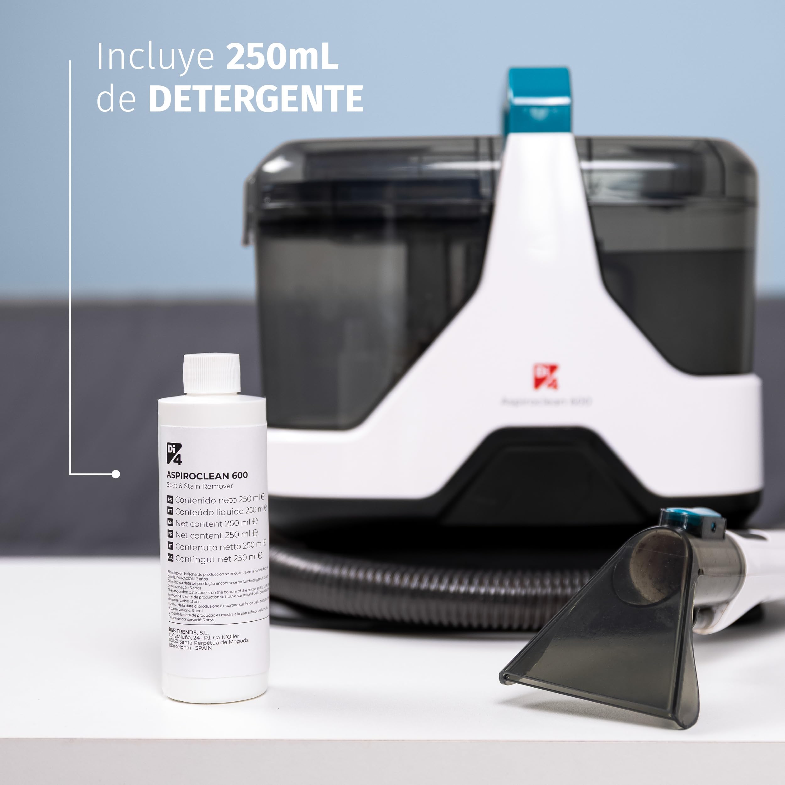 Di4 Aspiroclean 600W Aspirador de Tapicerías, Líquidos y Sólidos, Cepillo Multifunción, Accesorio Limpiacristales, Apto para Suciedad Mascotas, Alfombras, Sofás, Coche y Cristales, Incluye Detergente