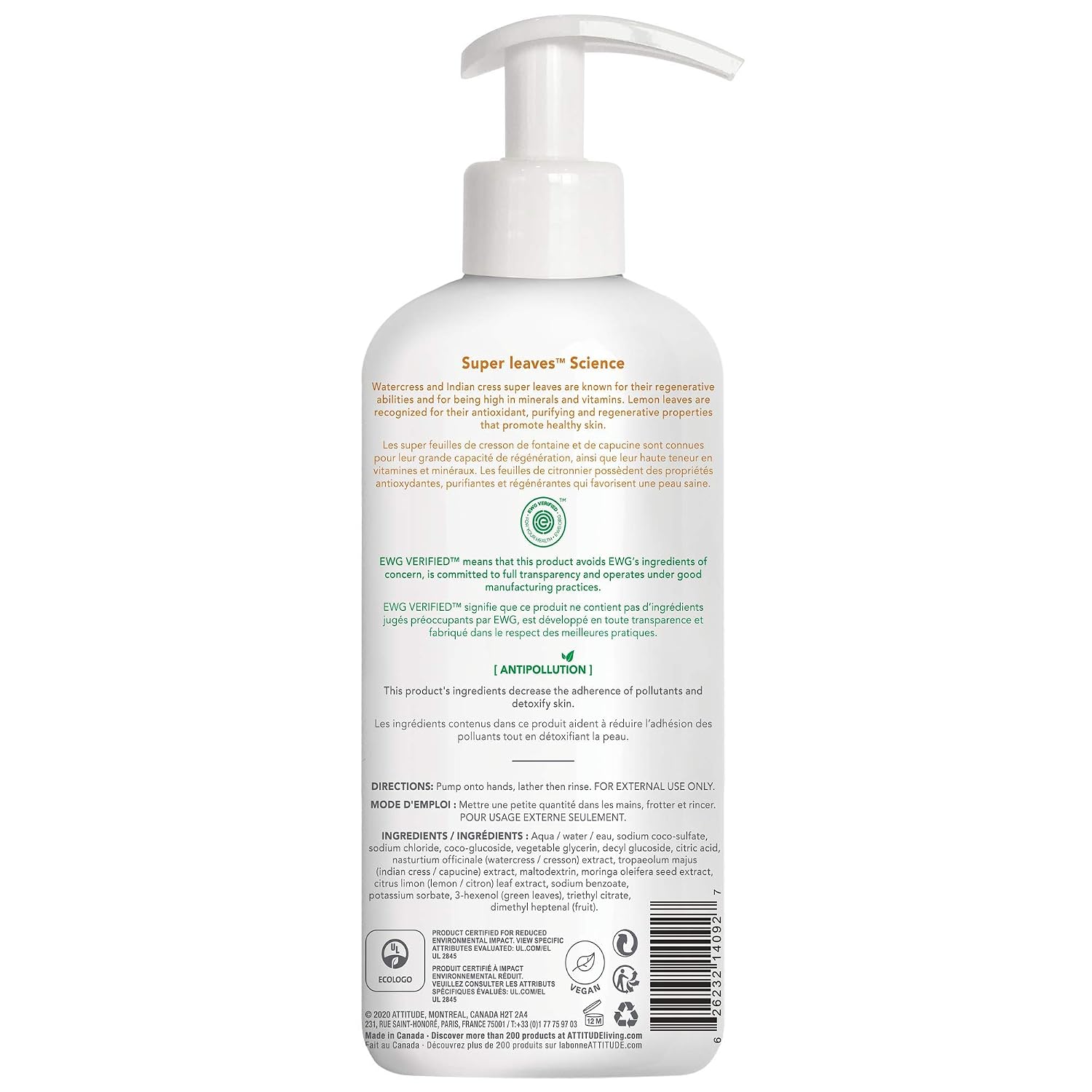 ATTITUDE Liquid Hand Soap, Plant- and Mineral-Based Formula, Vegan & Cruelty-free Personal Care Products, Lemon Leaves, 16 Fl Oz
