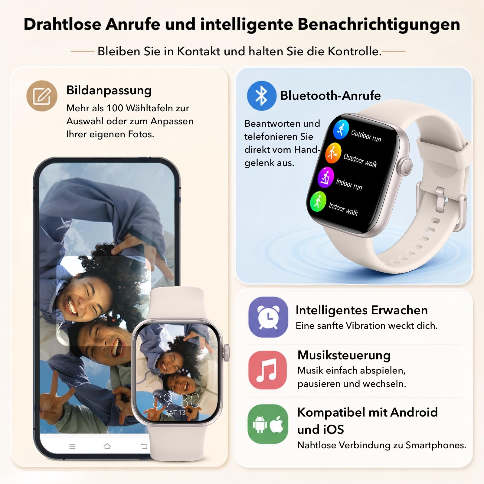 Smartwatch Damen Herren 1,85" HD Touch Fitnessuhr Telefonfunktion 140+ Sportmodi Pulsmesser Schlafmonitor Schrittzähler IP68 Wasserdicht Starlight