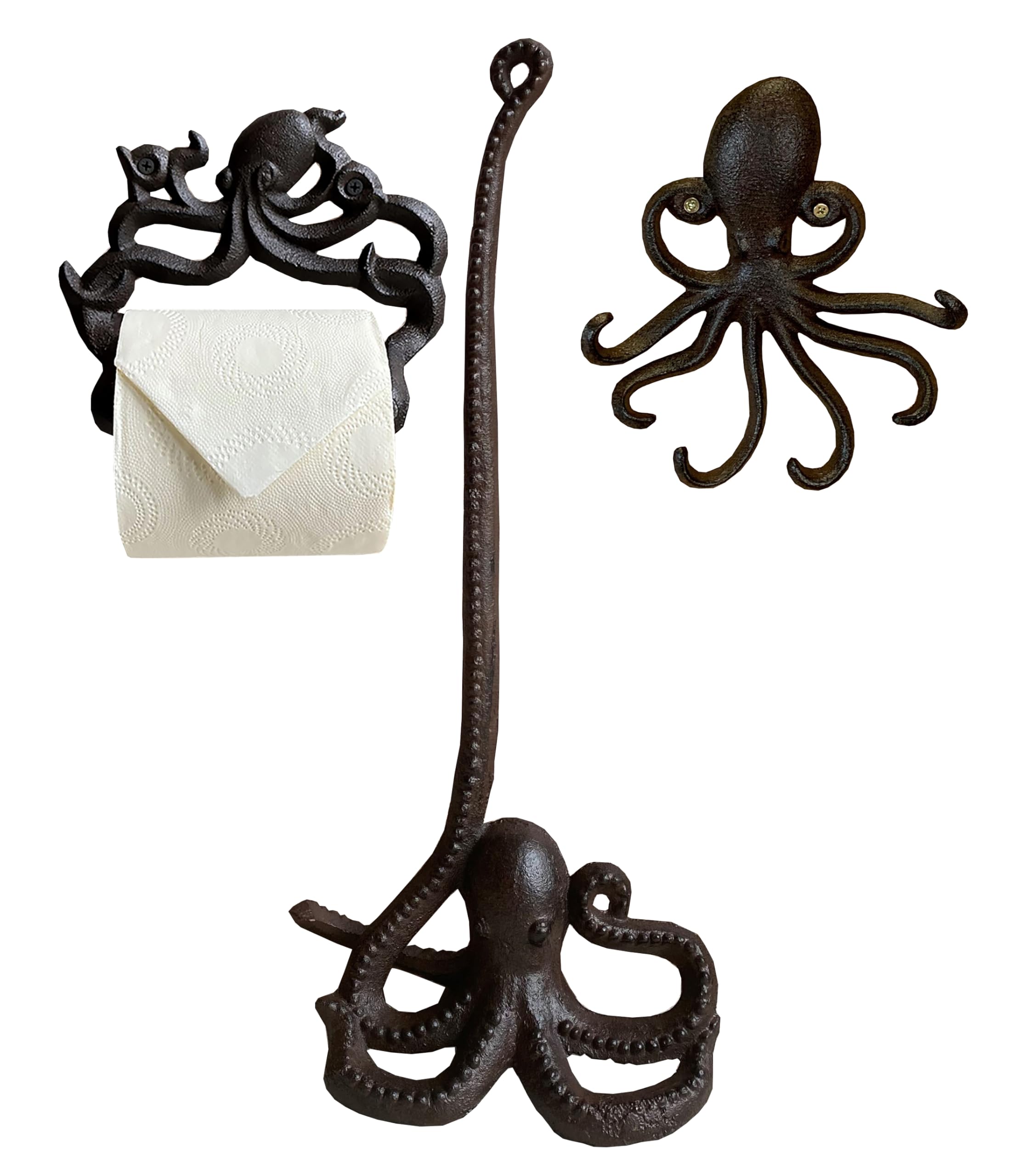 Selections Cast Iron Octopus Shaped Loo Roll Holder Store, Wall Dispenser and Wall Hook Set