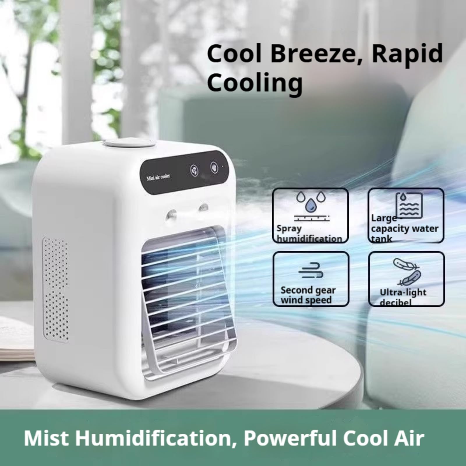 Climatizzatore portatile, USB, refrigeratore d'aria, umidificatore portatile silenzioso, 2 velocità di ventilazione, 2 modalità di nebulizzazione, adatto per casa, ufficio