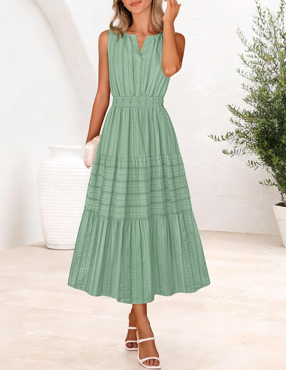 MEROKEETY Spring Summer Midi Dresses for Women 2026 Casual Beach Vacation Sleeveless Boho V Neck Cotton Maxi Dress Pockets - Image 9