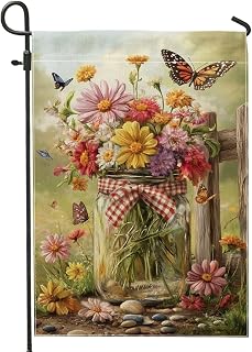 Flower Garden Flag, Spring Rustic Butterfly Mason Jar Spring Yellow Double Sided Burlap Decorative Outside Flags for Outdoor Patio Lawn Porch Entrance Campsite 12x18 Inch