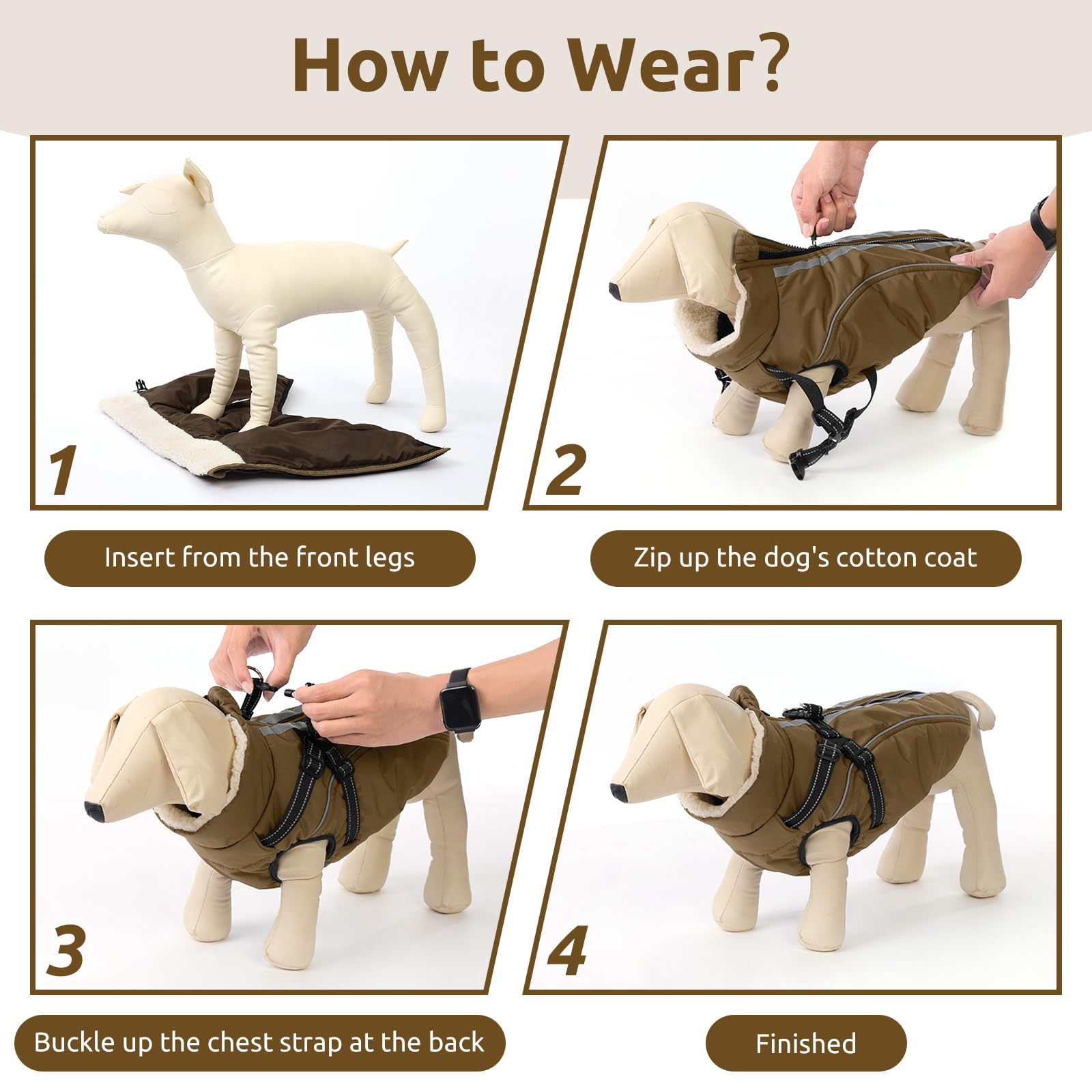 CITÉTOILE Manteau Imperméable pour Chien avec Doublure Polaire, Réflecteur, Harnais, Col Chaud, Brun, S