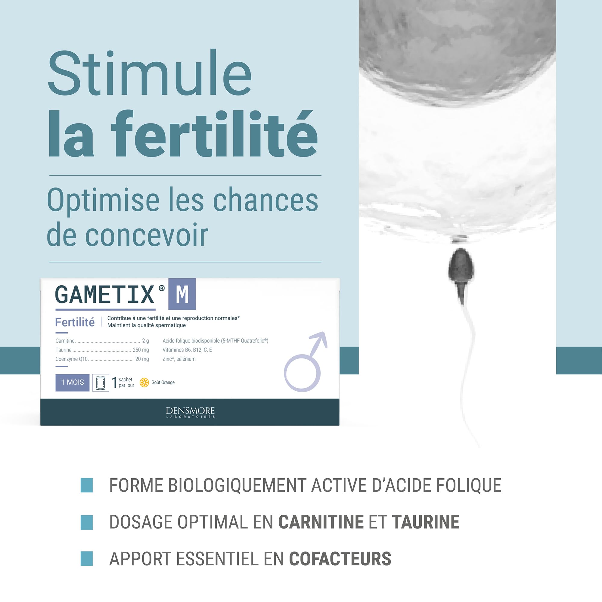 Densmore - GAMETIX M - Complément Alimentaire Fertilité et Reproduction Homme - Vitamines, Minéraux, Zinc, Sélénium, Carnitine, Taurine, Coenzyme Q10 - 30 sachets - 1 mois - Fabriqué en France