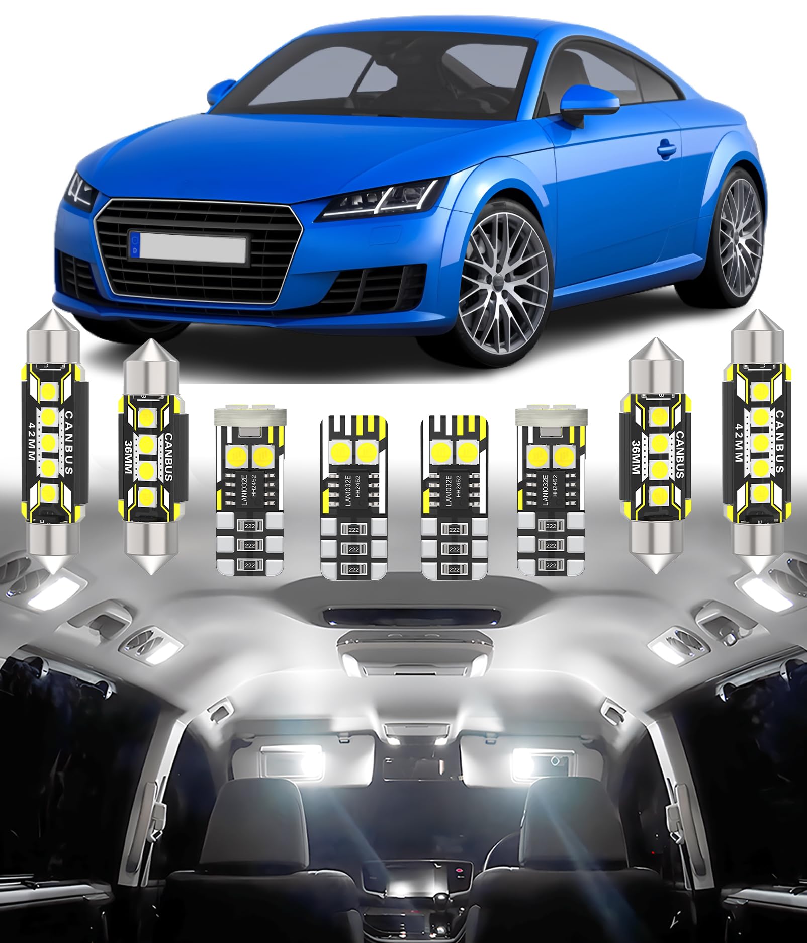 BMT xms 10pz Kit di Luci LED per Interni per AUDI TT MK2 8J RS TTS Coupe Roadster 2006-2014, Lampadine LED per Interni Auto e Camion 6000K Bianco Luminoso